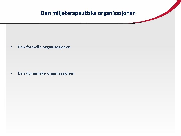 Den miljøterapeutiske organisasjonen • Den formelle organisasjonen • Den dynamiske organisasjonen 