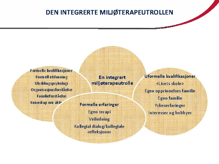 DEN INTEGRERTE MILJØTERAPEUTROLLEN Formelle kvalifikasjoner Formell utdanning Utviklingspsykologi Organisasjonsforståelse Familieforståelse Kunnskap om aktiviteter En