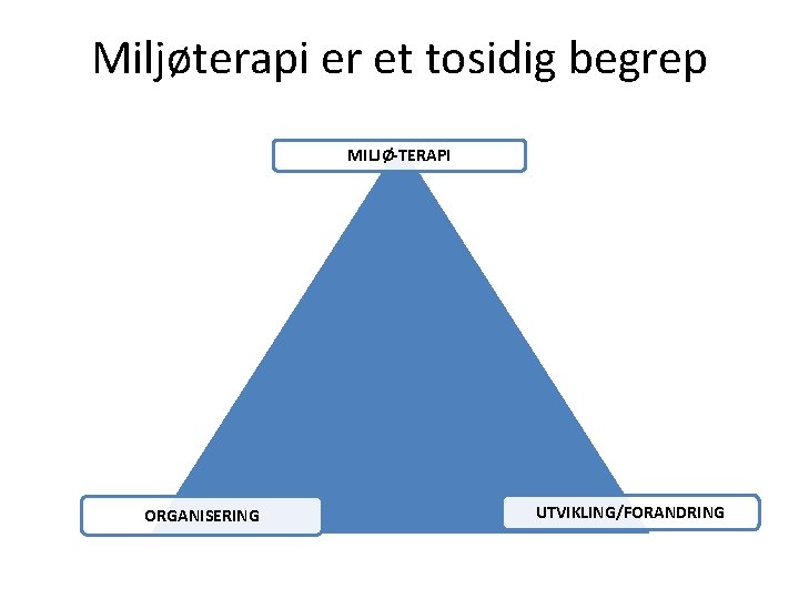 Miljøterapi er et tosidig begrep MILJØ-TERAPI ORGANISERING UTVIKLING/FORANDRING 