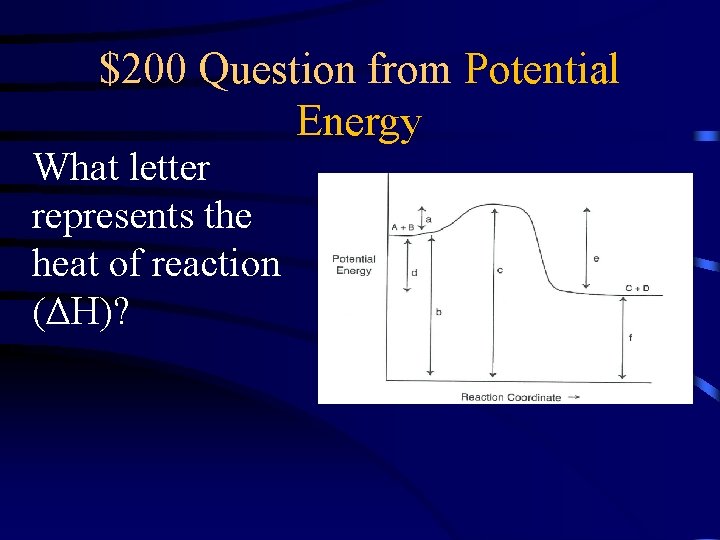 $200 Question from Potential Energy What letter represents the heat of reaction (ΔH)? 