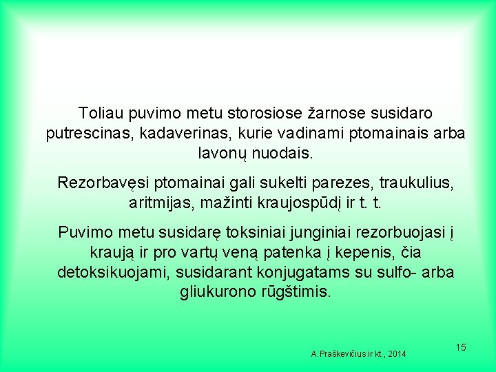 Toliau puvimo metu storosiose žarnose susidaro putrescinas, kadaverinas, kurie vadinami ptomainais arba lavonų nuodais.