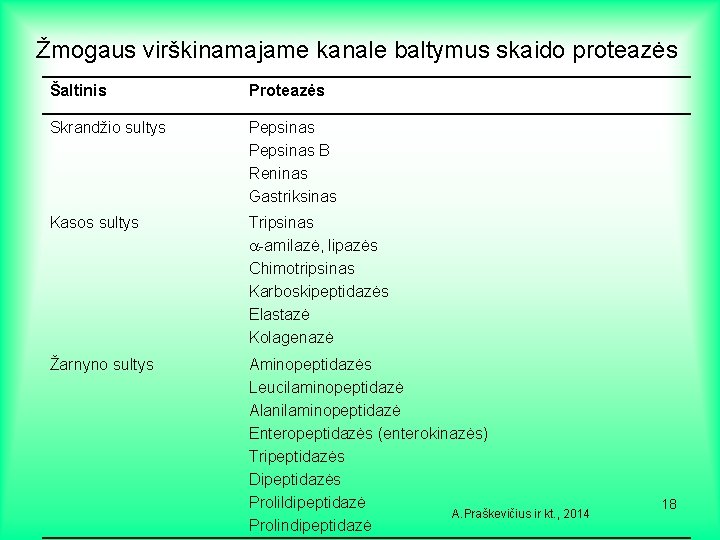 Žmogaus virškinamajame kanale baltymus skaido proteazės Šaltinis Proteazės Skrandžio sultys Pepsinas B Reninas Gastriksinas