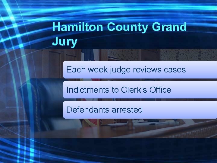 Hamilton County Grand Jury Each week judge reviews cases Indictments to Clerk’s Office Defendants