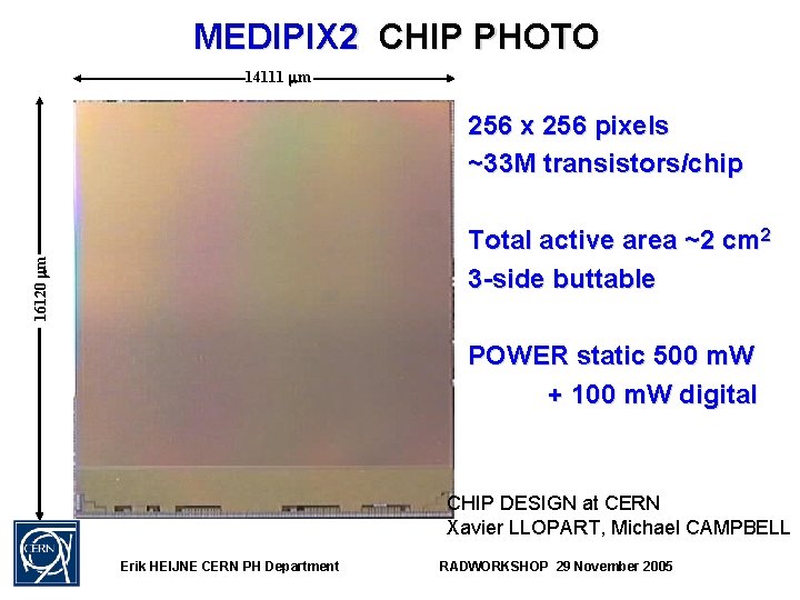 MEDIPIX 2 CHIP PHOTO 14111 m 256 x 256 pixels ~33 M transistors/chip 16120