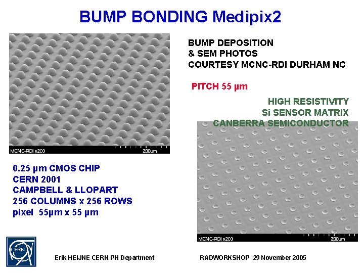 BUMP BONDING Medipix 2 BUMP DEPOSITION & SEM PHOTOS COURTESY MCNC-RDI DURHAM NC PITCH