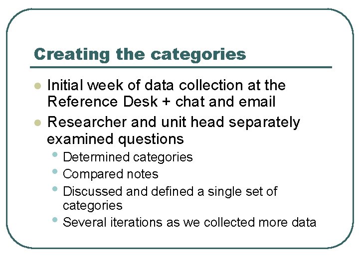Creating the categories l l Initial week of data collection at the Reference Desk