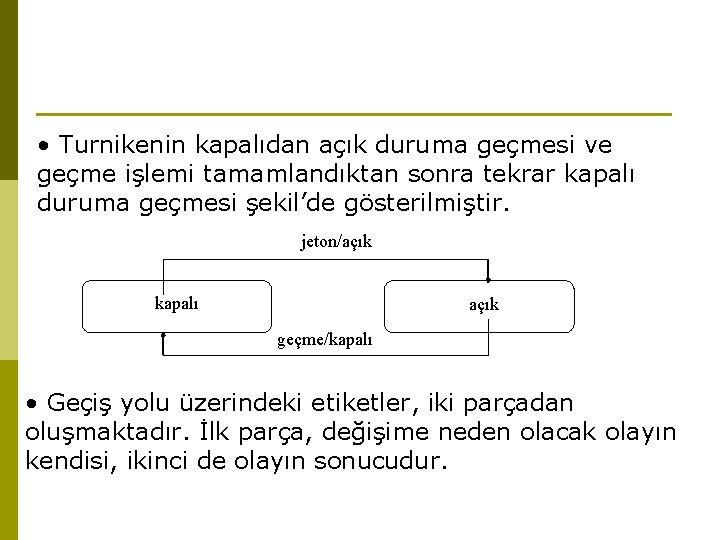 • Turnikenin kapalıdan açık duruma geçmesi ve geçme işlemi tamamlandıktan sonra tekrar kapalı • Turnikenin kapalıdan açık duruma geçmesi ve geçme işlemi tamamlandıktan sonra tekrar kapalı