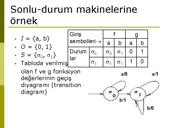 Sonlu-durum makinelerine örnek § § Giriş sembolleri I = {a, b} O = {0, Sonlu-durum makinelerine örnek § § Giriş sembolleri I = {a, b} O = {0,