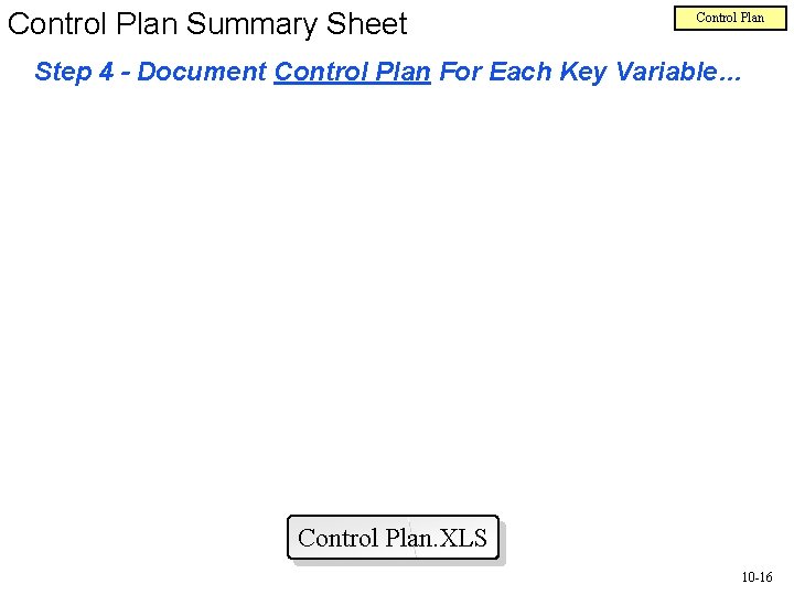 Control Plan Summary Sheet Control Plan Step 4 - Document Control Plan For Each