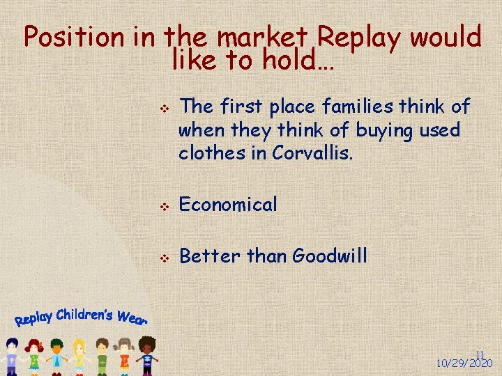 Position in the market Replay would like to hold… v The first place families