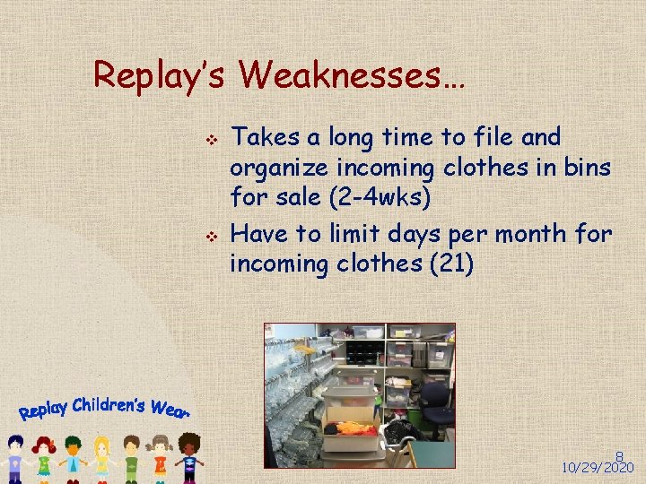 Replay’s Weaknesses… v v Takes a long time to file and organize incoming clothes