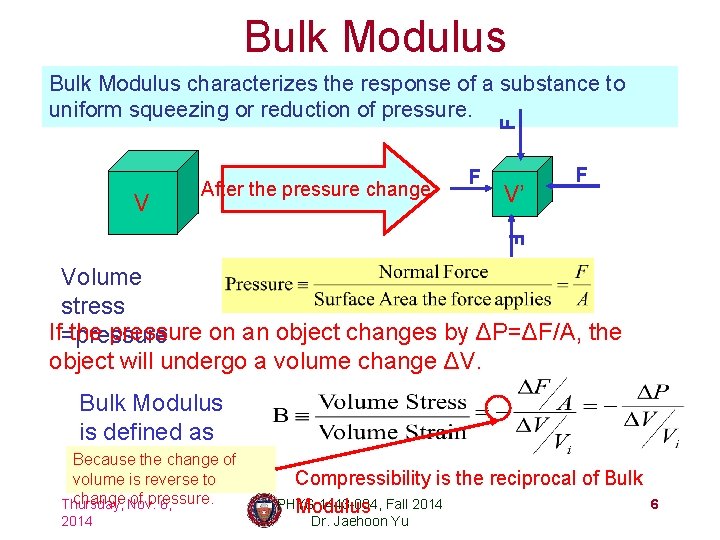 Bulk Modulus Instruments PHYS 1443 Section 004 Lecture 21 Thursday Nov
