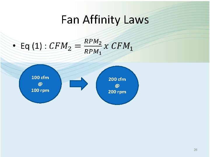 Fan Affinity Laws • 100 cfm @ 100 rpm 200 cfm @ 200 rpm