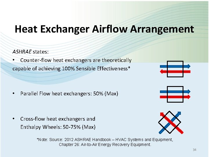 Heat Exchanger Airflow Arrangement ASHRAE states: • Counter-flow heat exchangers are theoretically capable of