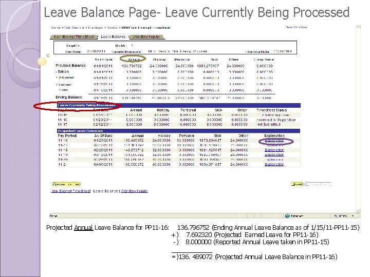 Leave Balance Page- Leave Currently Being Processed Projected Annual Leave Balance for PP 11