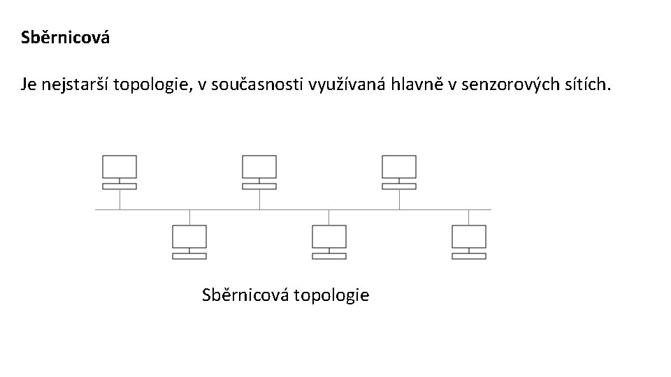 Sběrnicová Je nejstarší topologie, v současnosti využívaná hlavně v senzorových sítích. Sběrnicová topologie 