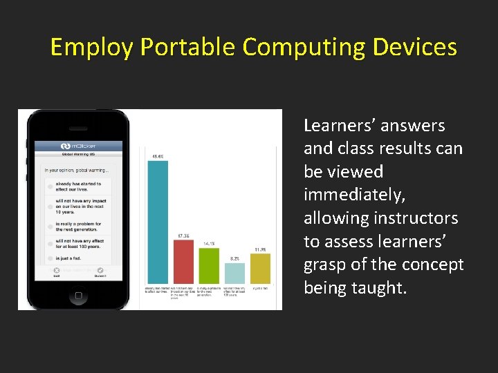 Employ Portable Computing Devices Learners’ answers and class results can be viewed immediately, allowing