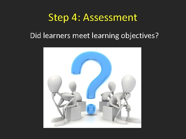 Step 4: Assessment Did learners meet learning objectives? 