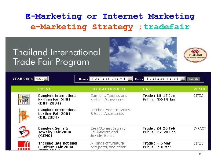 E-Marketing or Internet Marketing e-Marketing Strategy ; tradefair 65 