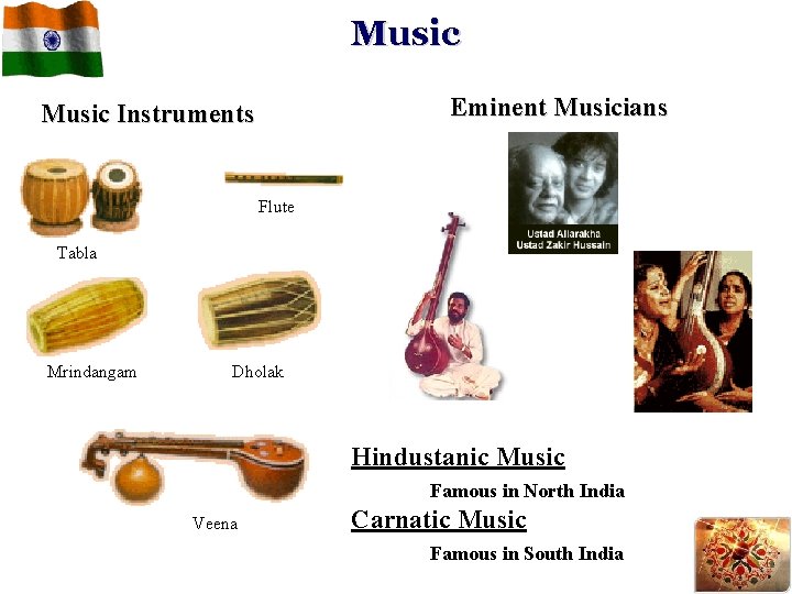 Music Eminent Musicians Music Instruments Flute Tabla Mrindangam Dholak Hindustanic Music Famous in North