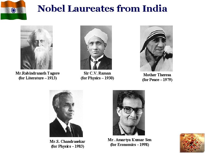 Nobel Laureates from India Mr. Rabindranath Tagore (for Literature – 1913) Sir C. V.
