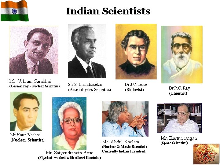 Indian Scientists Mr. Vikram Sarabhai (Cosmic ray - Nuclear Scientist) Sir. S. Chandrasekar (Astrophysics