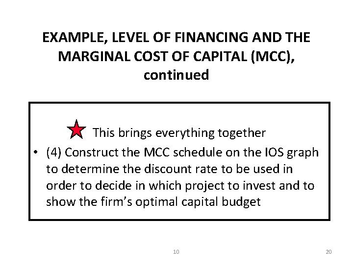 EXAMPLE, LEVEL OF FINANCING AND THE MARGINAL COST OF CAPITAL (MCC), continued This brings