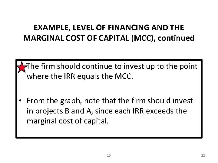 EXAMPLE, LEVEL OF FINANCING AND THE MARGINAL COST OF CAPITAL (MCC), continued The firm