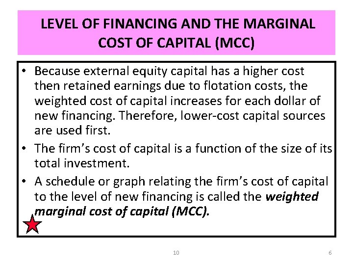 LEVEL OF FINANCING AND THE MARGINAL COST OF CAPITAL (MCC) • Because external equity