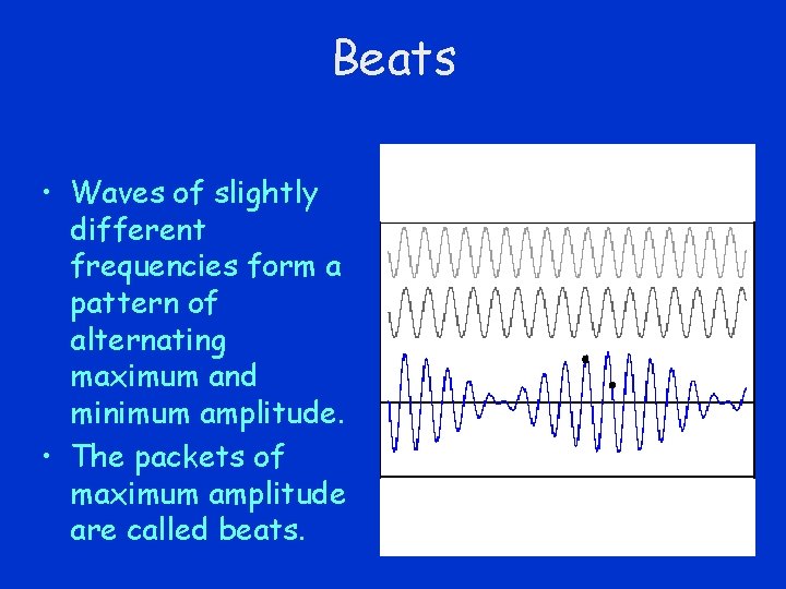 Beats • Waves of slightly different frequencies form a pattern of alternating maximum and