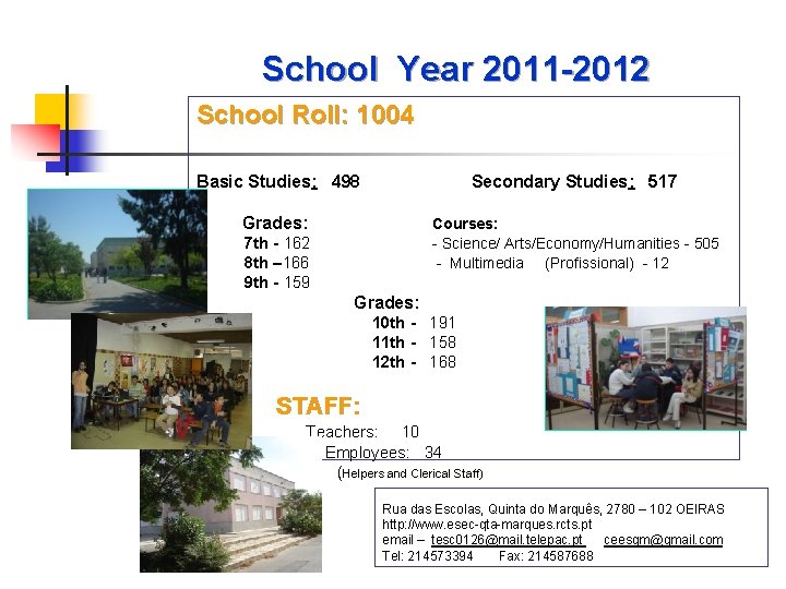 School Year 2011 -2012 School Roll: 1004 Basic Studies: 498 Secondary Studies: 517 Grades: