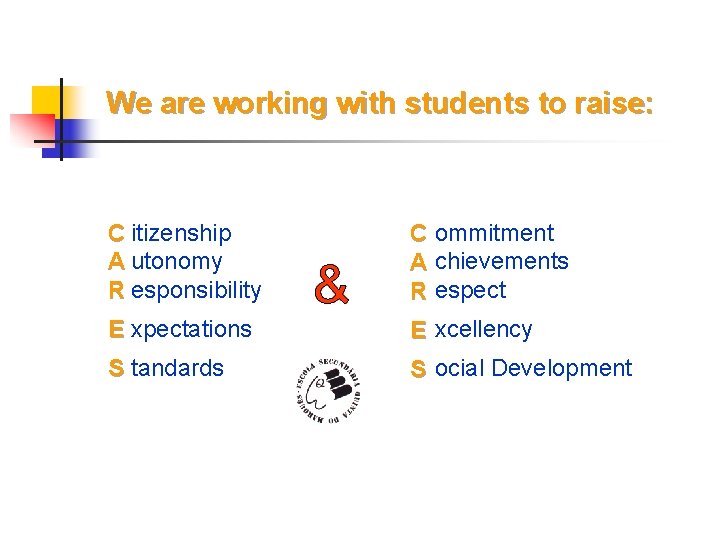 We are working with students to raise: C itizenship A utonomy R esponsibility C