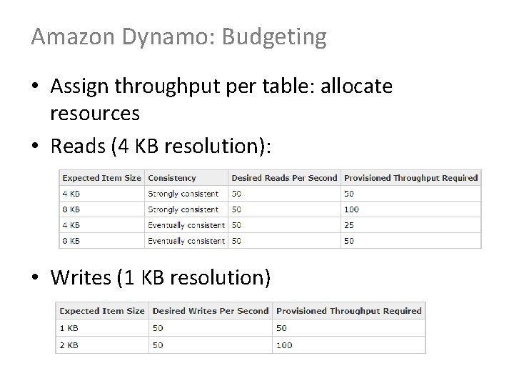Amazon Dynamo: Budgeting • Assign throughput per table: allocate resources • Reads (4 KB