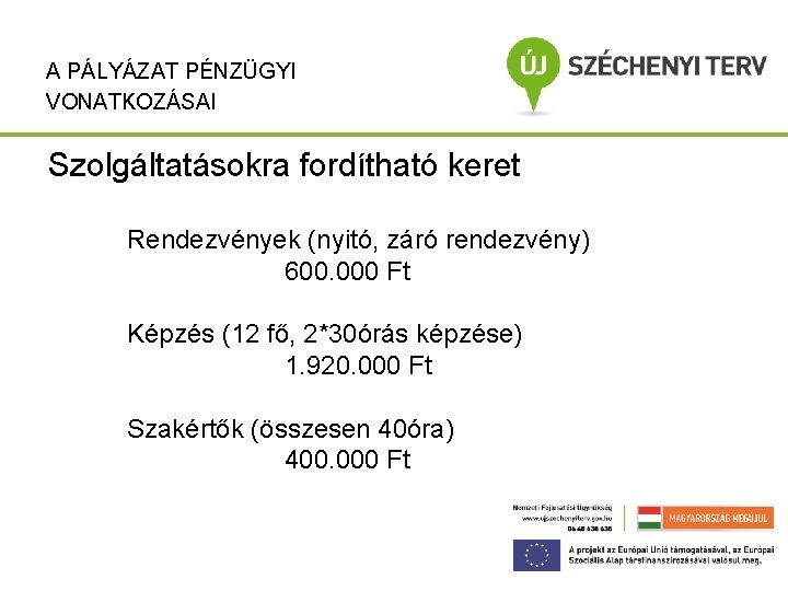 A PÁLYÁZAT PÉNZÜGYI VONATKOZÁSAI Szolgáltatásokra fordítható keret Rendezvények (nyitó, záró rendezvény) 600. 000 Ft
