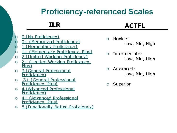 Proficiency-referenced Scales ILR ¡ ¡ ¡ 0 (No Proficiency) 0+ (Memorized Proficiency) 1 (Elementary