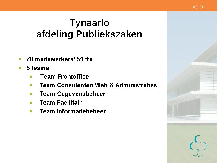 Tynaarlo afdeling Publiekszaken § 70 medewerkers/ 51 fte § 5 teams § Team Frontoffice