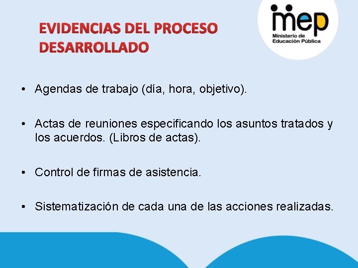 EVIDENCIAS DEL PROCESO DESARROLLADO • Agendas de trabajo (día, hora, objetivo). • Actas de EVIDENCIAS DEL PROCESO DESARROLLADO • Agendas de trabajo (día, hora, objetivo). • Actas de