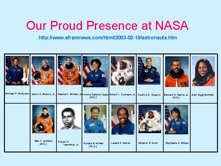 Our Proud Presence at NASA http: //www. aframnews. com/html/2003 -02 -19/astronauts. htm Michael P.