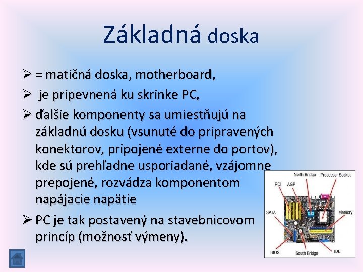 Základná doska Ø = matičná doska, motherboard, Ø je pripevnená ku skrinke PC, Ø