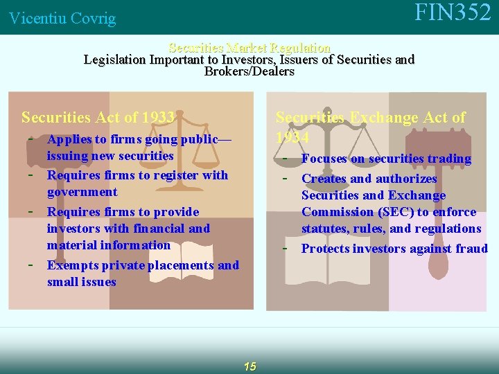 FIN 352 Vicentiu Covrig Securities Market Regulation Legislation Important to Investors, Issuers of Securities