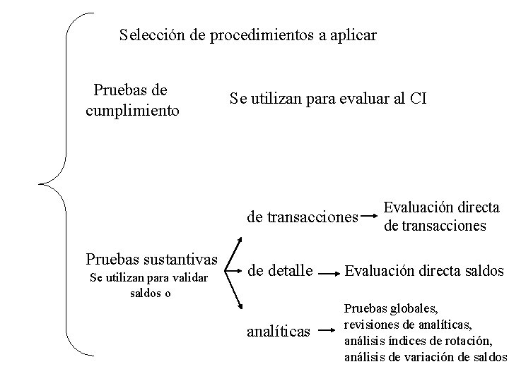 Selección de procedimientos a aplicar Pruebas de cumplimiento Se utilizan para evaluar al CI