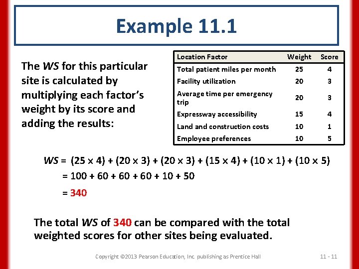 Example 11. 1 The WS for this particular site is calculated by multiplying each