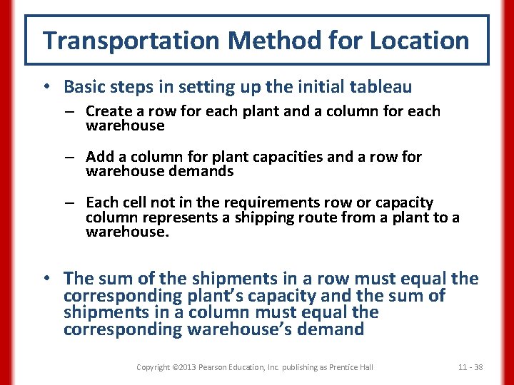 Transportation Method for Location • Basic steps in setting up the initial tableau –