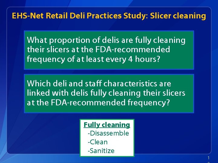 EHS-Net Retail Deli Practices Study: Slicer cleaning What proportion of delis are fully cleaning