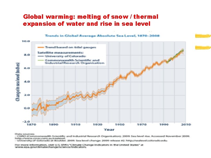 Global warming: melting of snow / thermal expansion of water and rise in sea