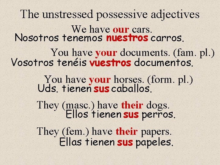 The unstressed possessive adjectives We have our cars. Nosotros tenemos nuestros carros. You have