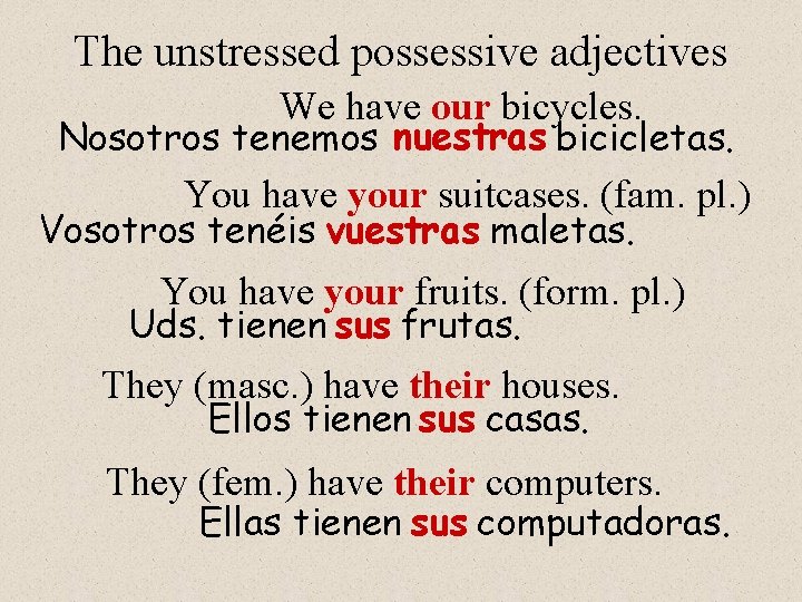 The unstressed possessive adjectives We have our bicycles. Nosotros tenemos nuestras bicicletas. You have