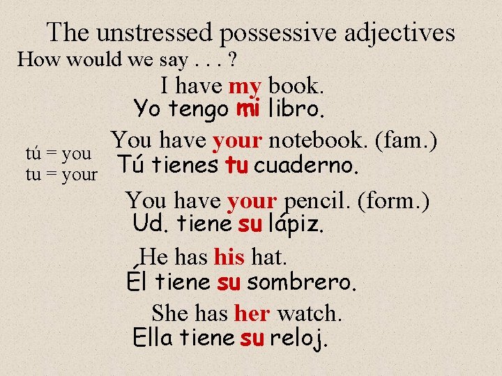 The unstressed possessive adjectives How would we say. . . ? I have my