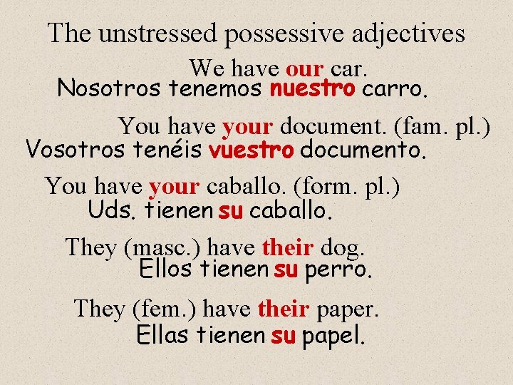 The unstressed possessive adjectives We have our car. Nosotros tenemos nuestro carro. You have