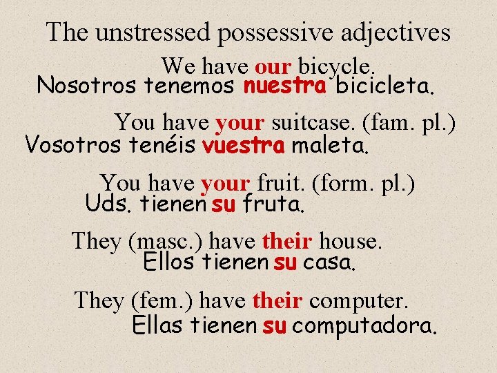The unstressed possessive adjectives We have our bicycle. Nosotros tenemos nuestra bicicleta. You have